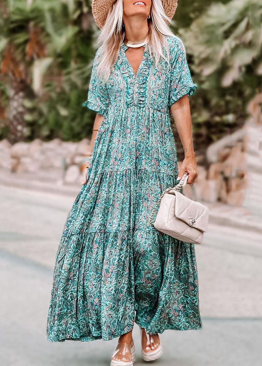 Blue Ruffled Patchwork Maxi Sleeve Dress Short