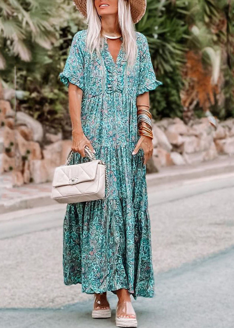 Blue Ruffled Patchwork Maxi Sleeve Dress Short