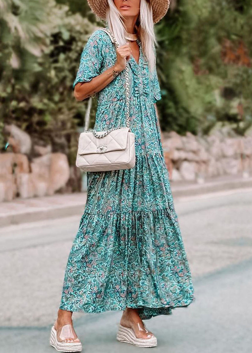 Blue Ruffled Patchwork Maxi Sleeve Dress Short