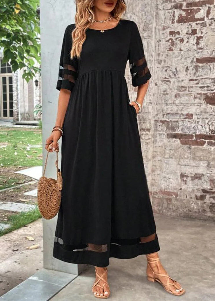 Summer Tulle Patchwork Black O-Neck Bohemian Dress Long