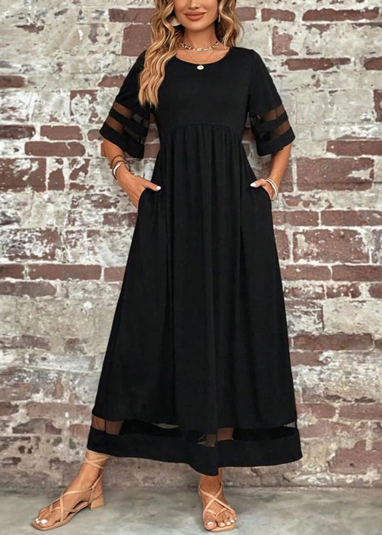 Summer Tulle Patchwork Black O-Neck Bohemian Dress Long