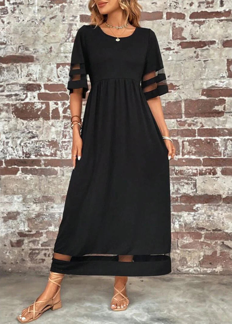 Summer Tulle Patchwork Black O-Neck Bohemian Dress Long