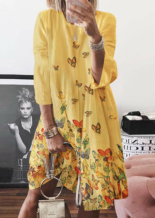 O Bohemian Butterfly Mid Dress Blue Print Summer Neck Cotton