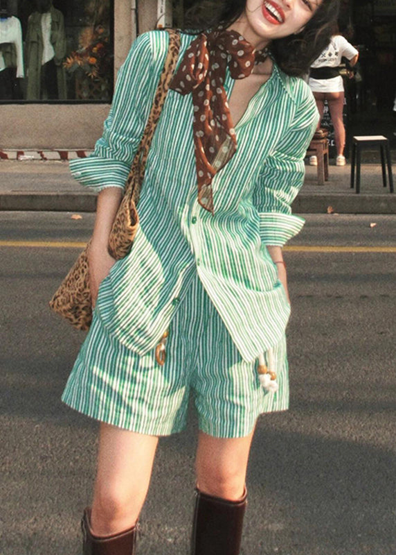 Green Summer Bohemian Shorts Striped And Peter Shirts Two Set Pan Collar Pieces