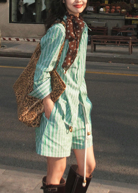 Green Summer Bohemian Shorts Striped And Peter Shirts Two Set Pan Collar Pieces