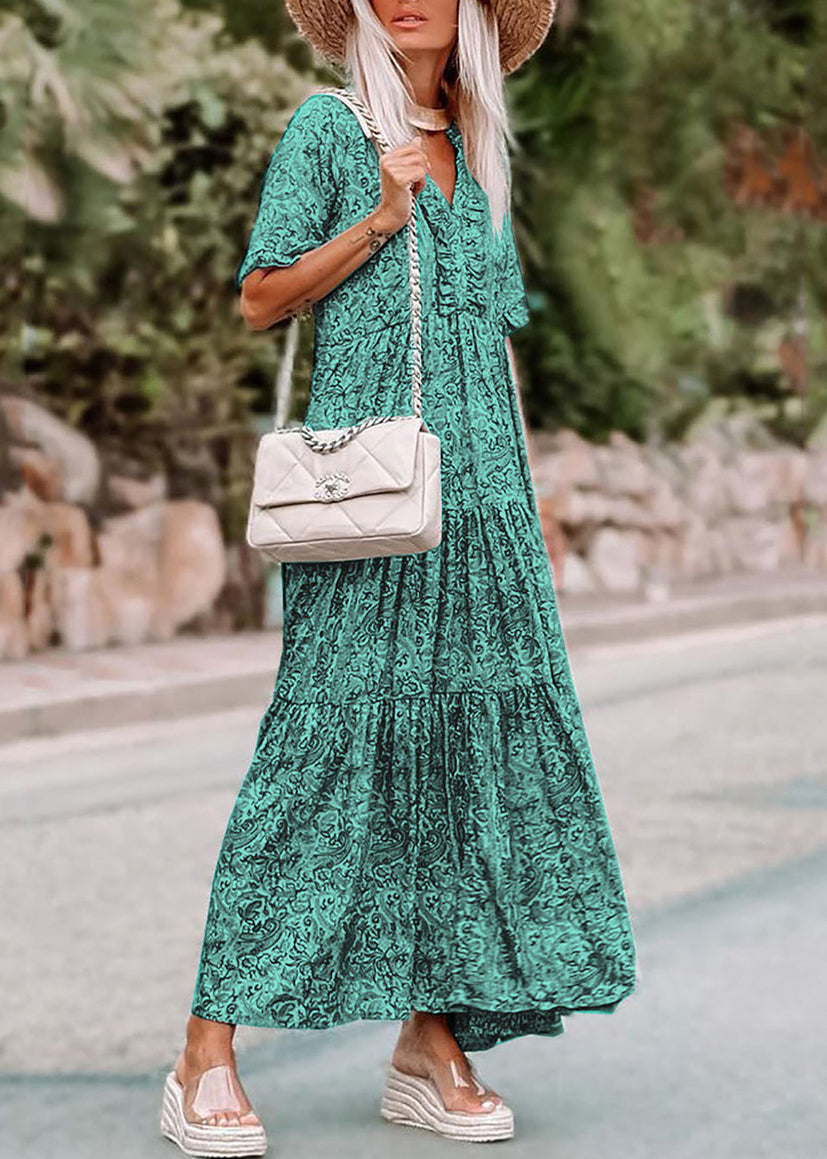 Sleev Print Long Neck Short Bohemian Dress V Green