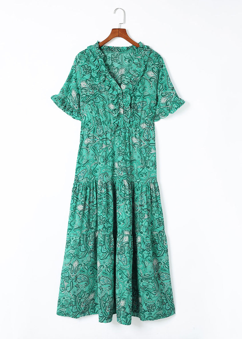 Sleev Print Long Neck Short Bohemian Dress V Green