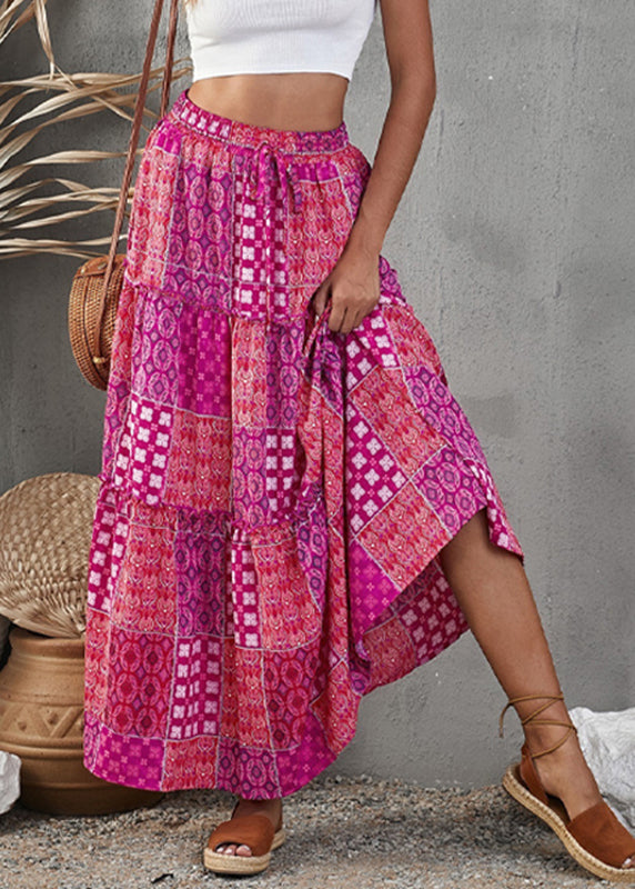 Purple A Print Patchwork Line Skirt Bohemian Ruffled