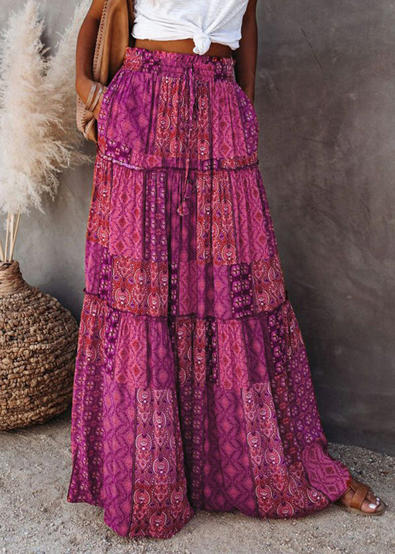 Purple A Print Patchwork Line Skirt Bohemian Ruffled