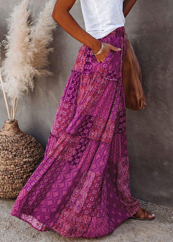 Purple A Print Patchwork Line Skirt Bohemian Ruffled
