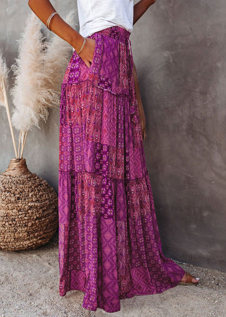Purple A Print Patchwork Line Skirt Bohemian Ruffled
