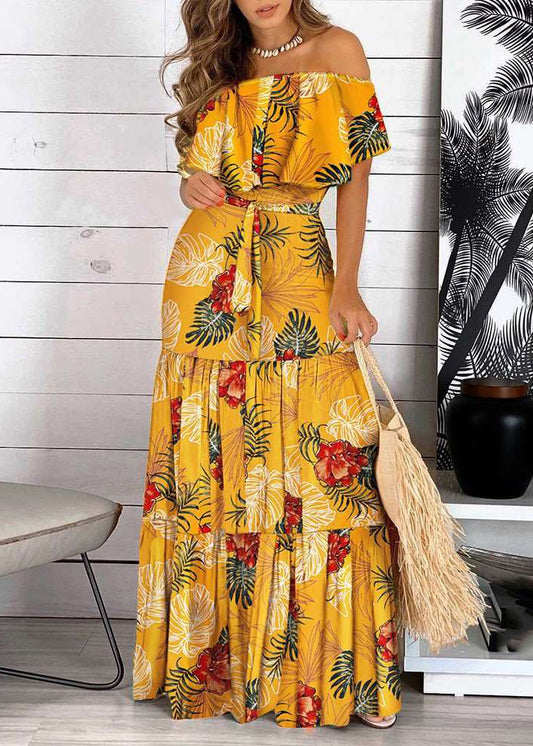 Bohemian Cold Wrinkled Short Maxi Dress Yellow Sleeve Print Shoulder