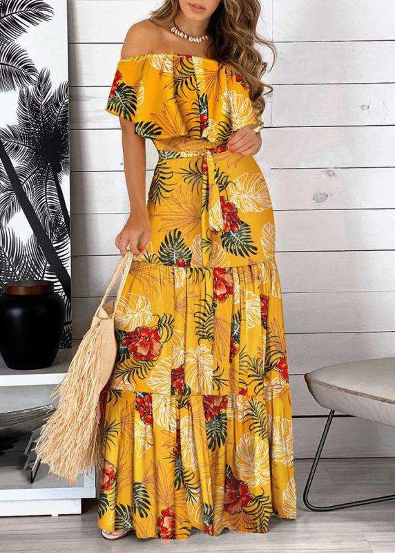 Bohemian Cold Wrinkled Short Maxi Dress Yellow Sleeve Print Shoulder