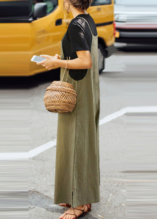 Neck Army Slash Jumpsuit Sleeveless Solid Green Boho