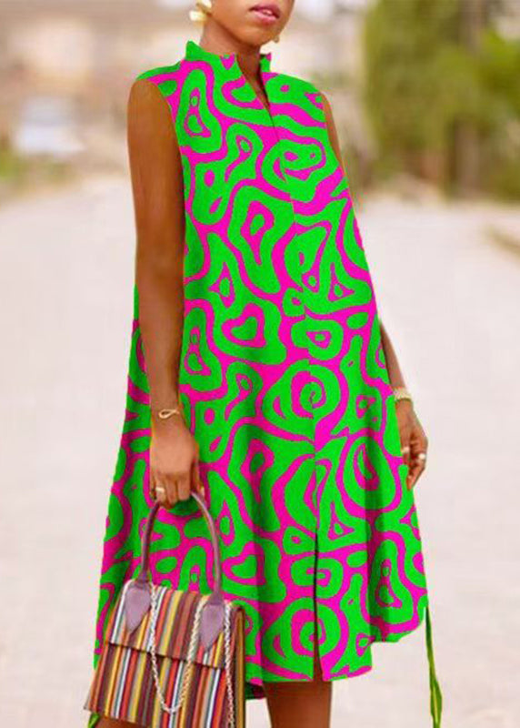 Collar Dresses Summer Green Print Stand Boho Maxi
