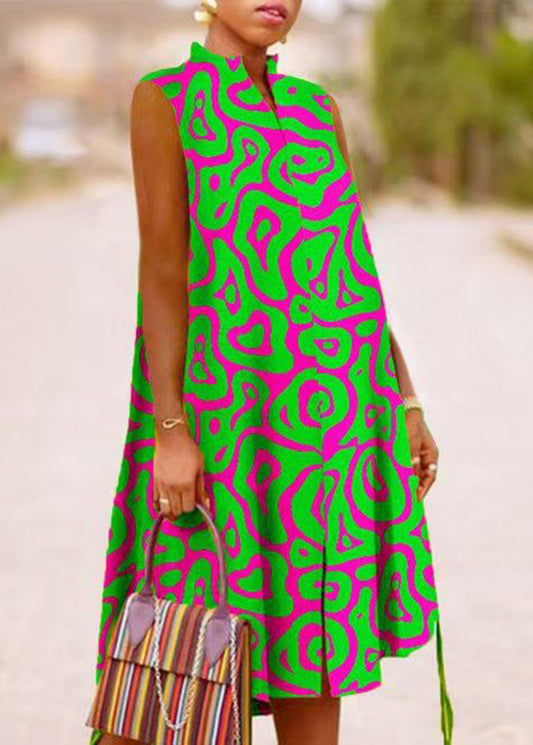 Collar Dresses Summer Green Print Stand Boho Maxi