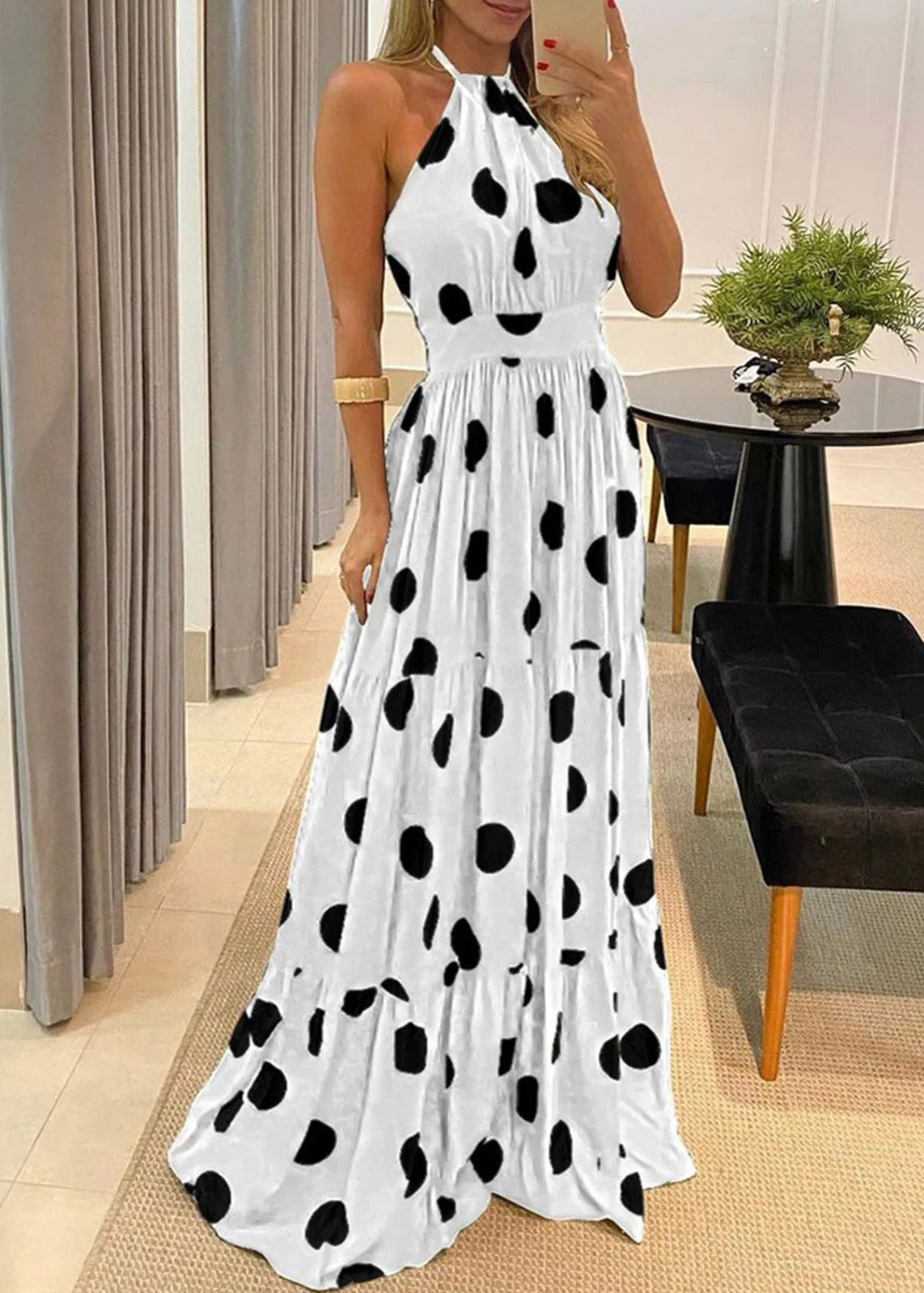 Sleeveless Boho Dress Long Slim Printed Rainbow Waistband