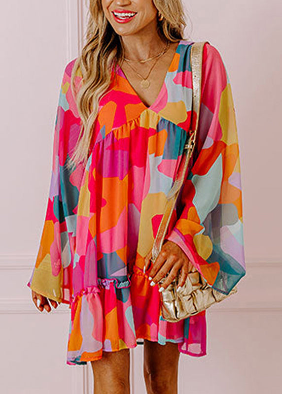 Boho Chiffon Red Print Mid Wrinkled Fall Dresses