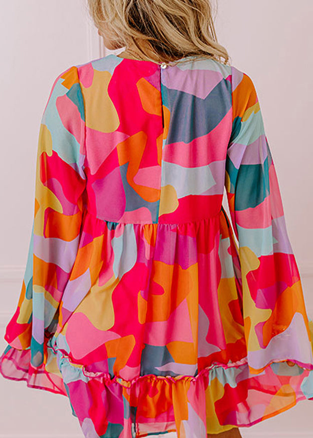 Boho Chiffon Red Print Mid Wrinkled Fall Dresses