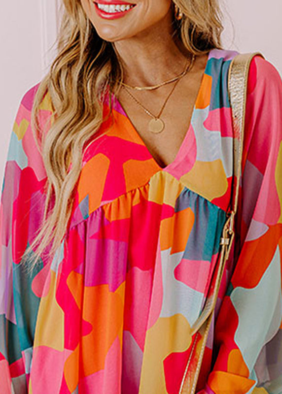 Boho Chiffon Red Print Mid Wrinkled Fall Dresses