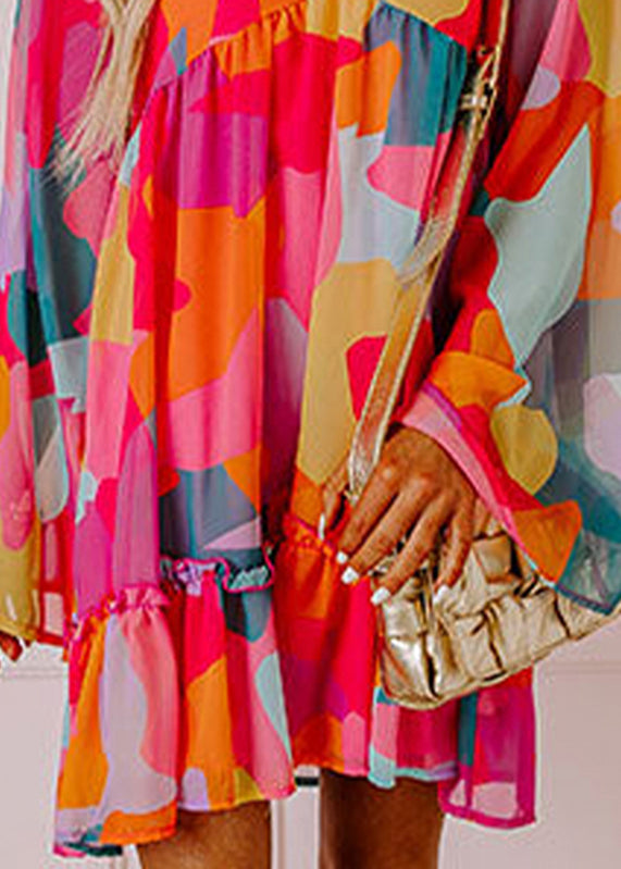 Boho Chiffon Red Print Mid Wrinkled Fall Dresses