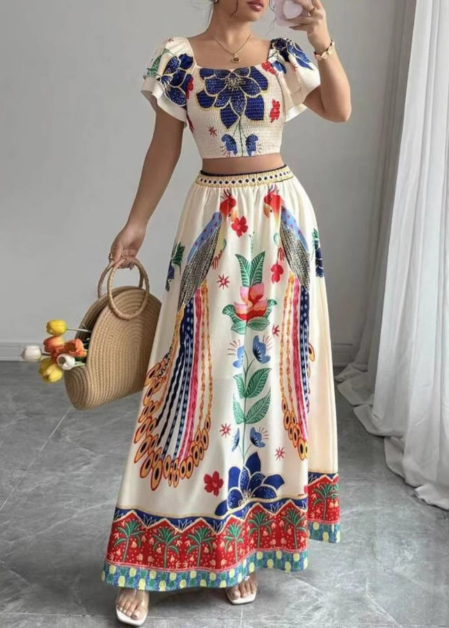 And Piece Skirts Collar Maxi Boho Set Top Print Square Summer Two