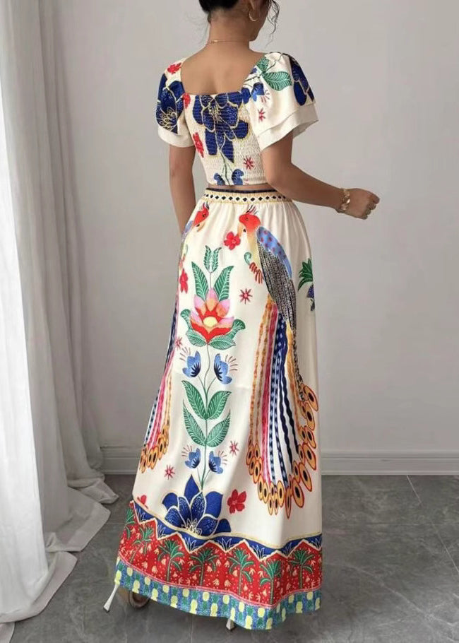 And Piece Skirts Collar Maxi Boho Set Top Print Square Summer Two