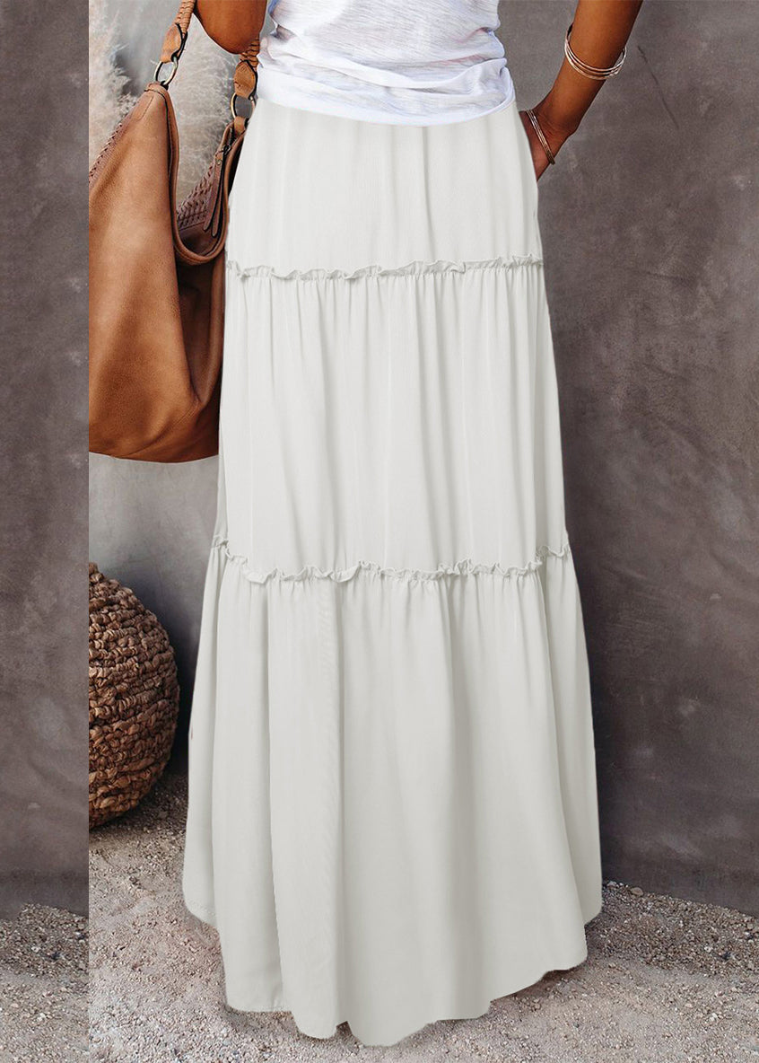 Waist Summer Elastic Patchwork Skirts Boho Ruffled Maxi White