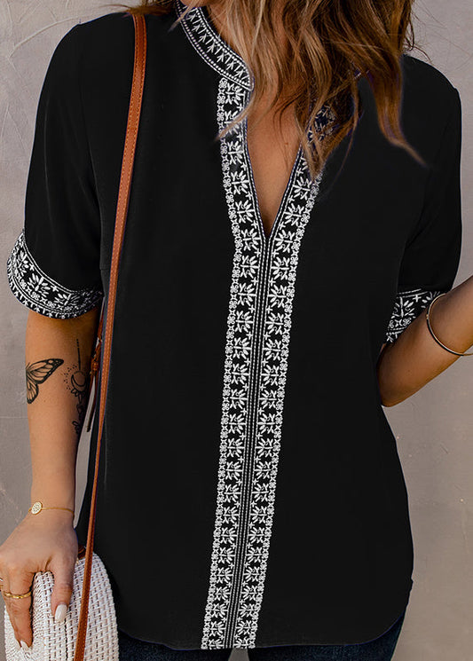 Sleeve Patchwork Black Neck Short V Top Boutique