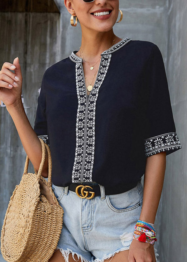 Sleeve Patchwork Black Neck Short V Top Boutique