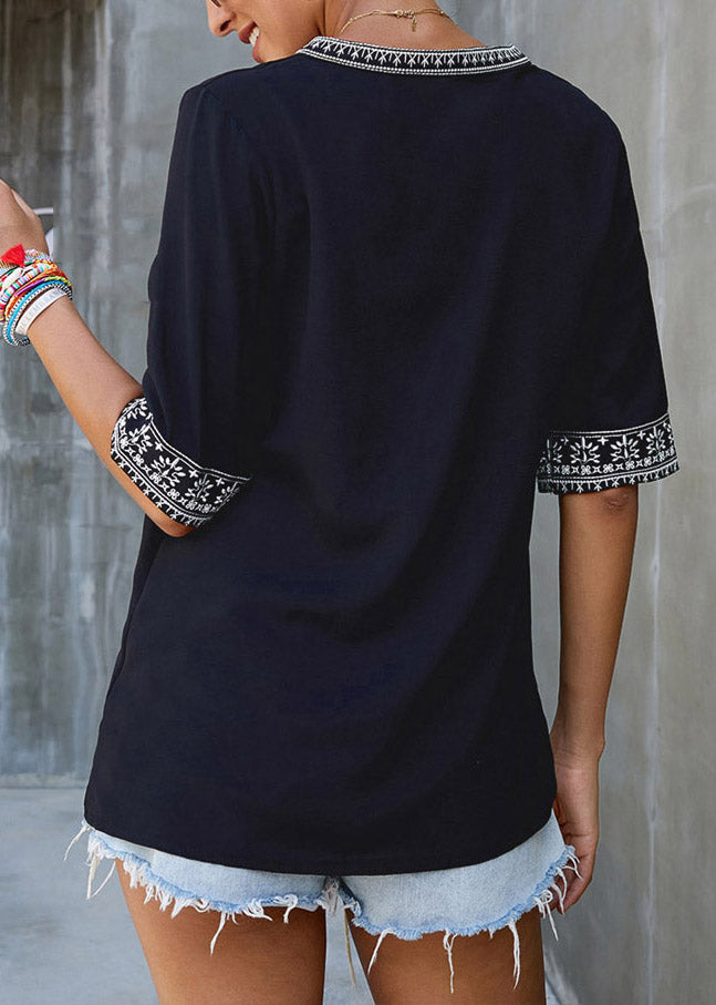 Sleeve Patchwork Black Neck Short V Top Boutique