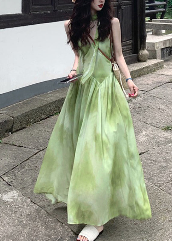 Maxi Tie Neck Sleeveless Dye Green V Dresses Chiffon Vacation Boutique