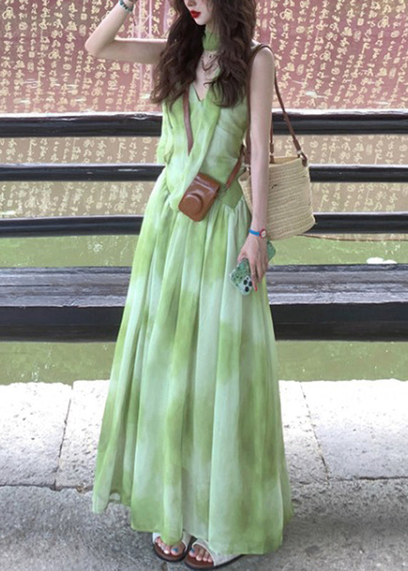 Maxi Tie Neck Sleeveless Dye Green V Dresses Chiffon Vacation Boutique