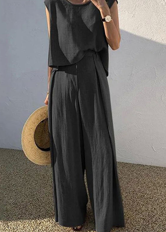 Pants Leg Wide And Two Set Shirt Khaki T Pieces Boutique O-Neck