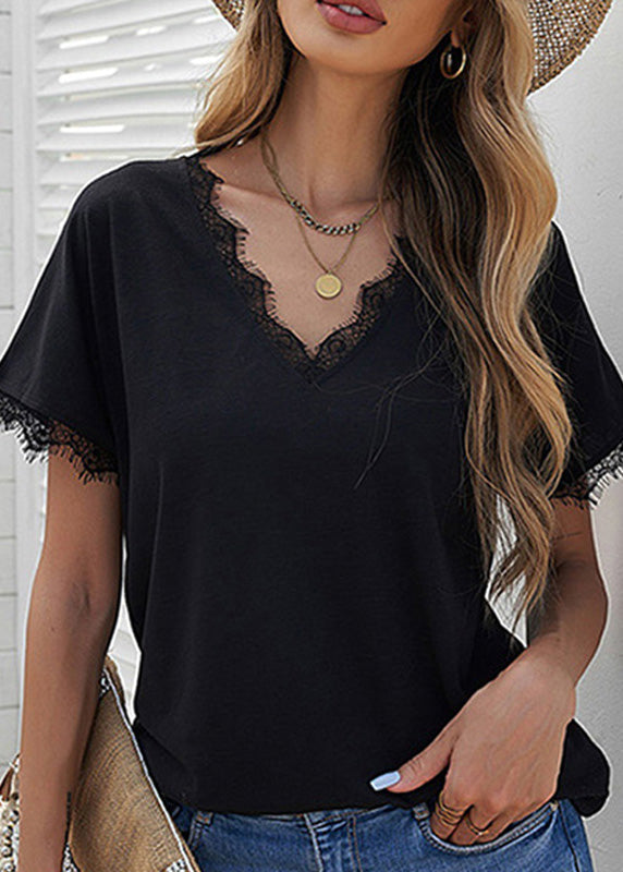 White V Neck Brief Patchwork T Sleeve Solid Shirt Short Lace