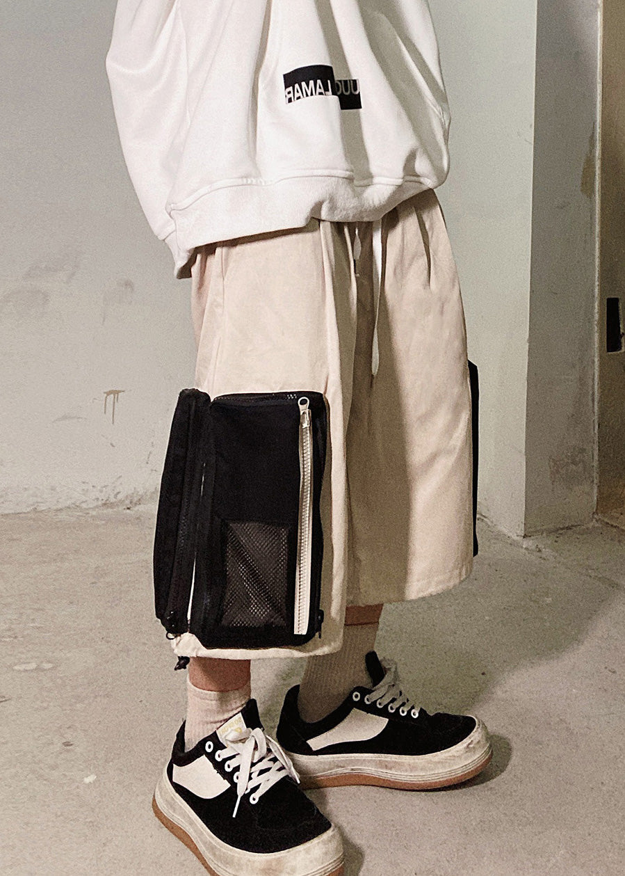 Zip Men Casual Summer Oversized Pockets Shorts Beige Up Cotton