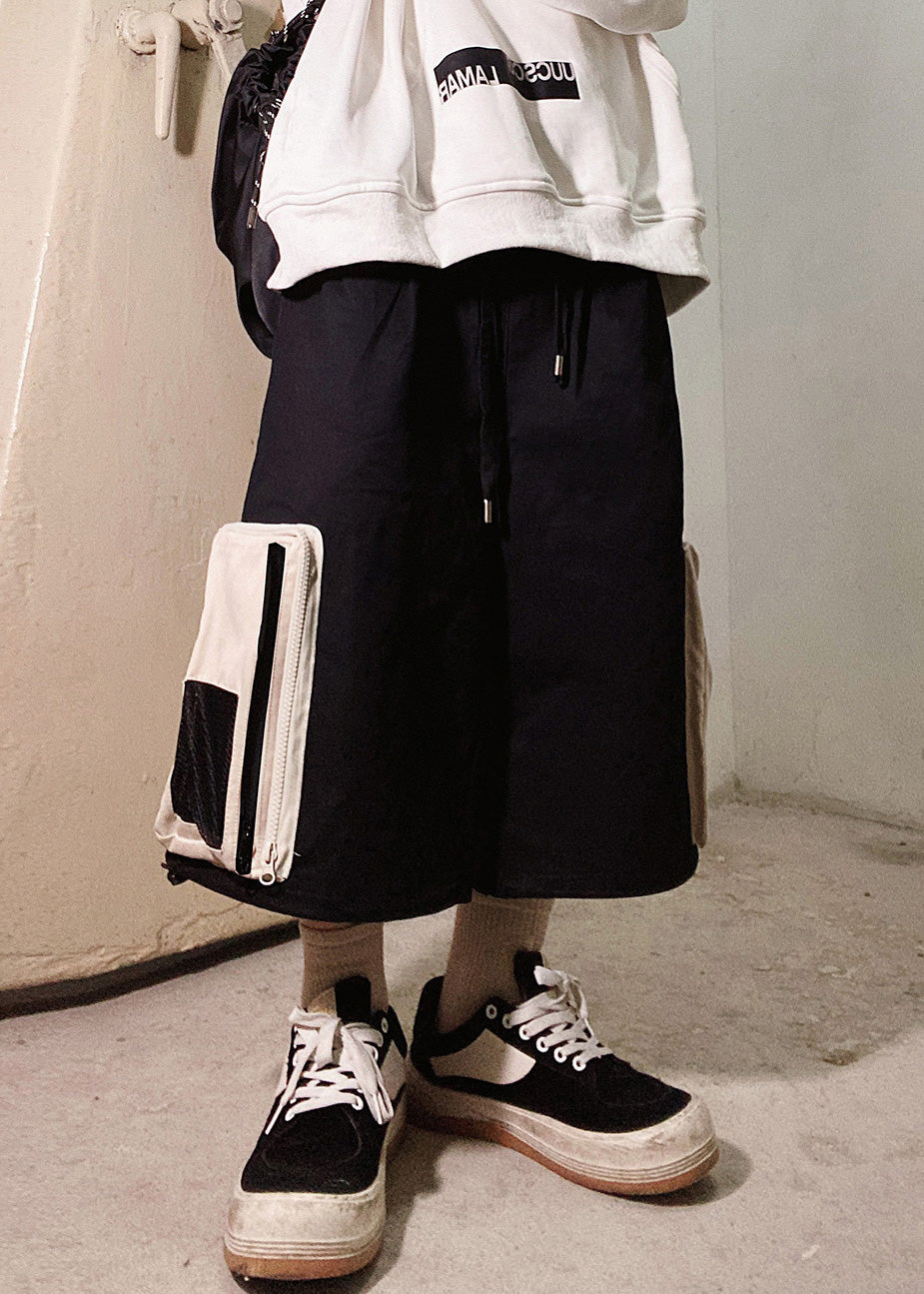 Zip Men Casual Summer Oversized Pockets Shorts Beige Up Cotton