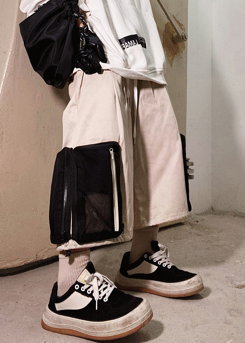 Zip Men Casual Summer Oversized Pockets Shorts Beige Up Cotton