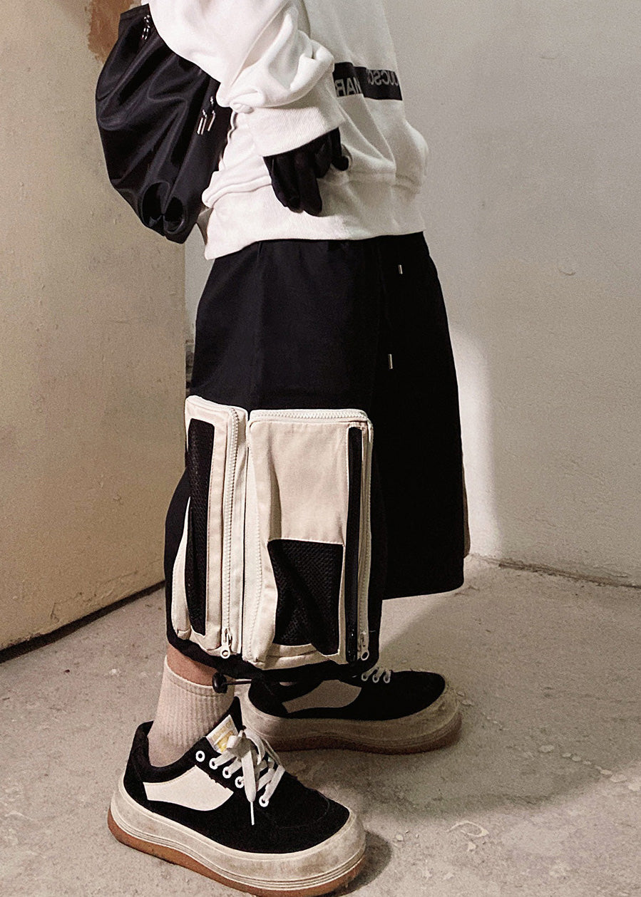 Zip Men Casual Summer Oversized Pockets Shorts Beige Up Cotton