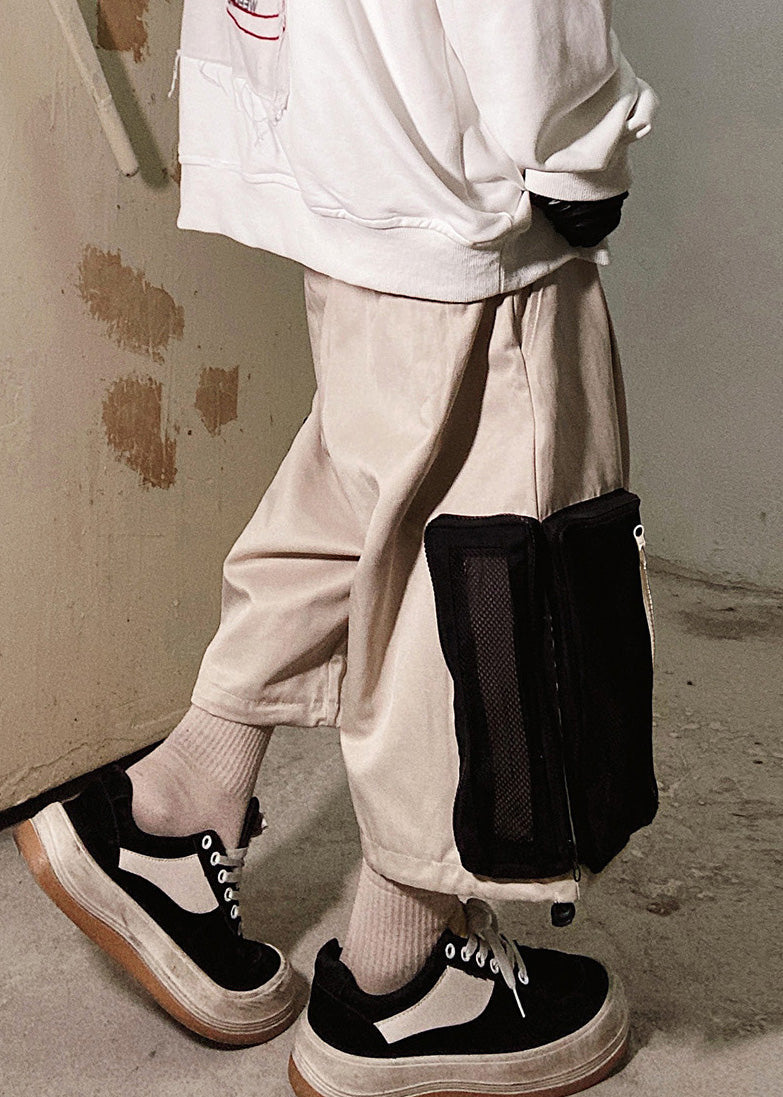 Zip Men Casual Summer Oversized Pockets Shorts Beige Up Cotton