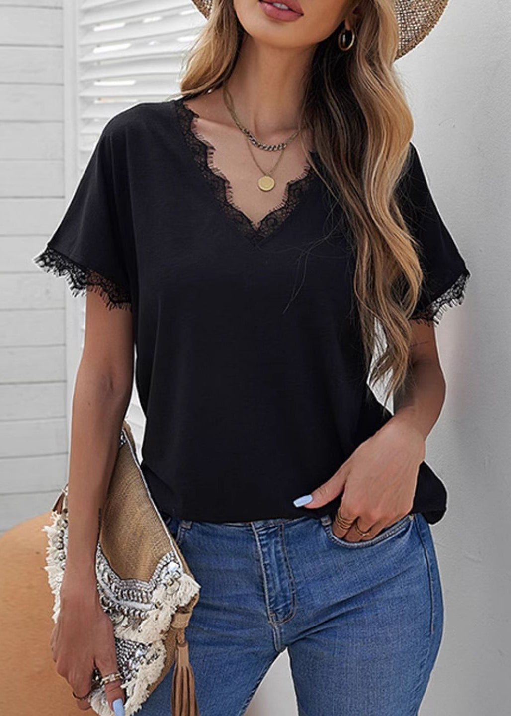 Lace Casual T Sleeve Black Solid Patchwork Short Shirt
