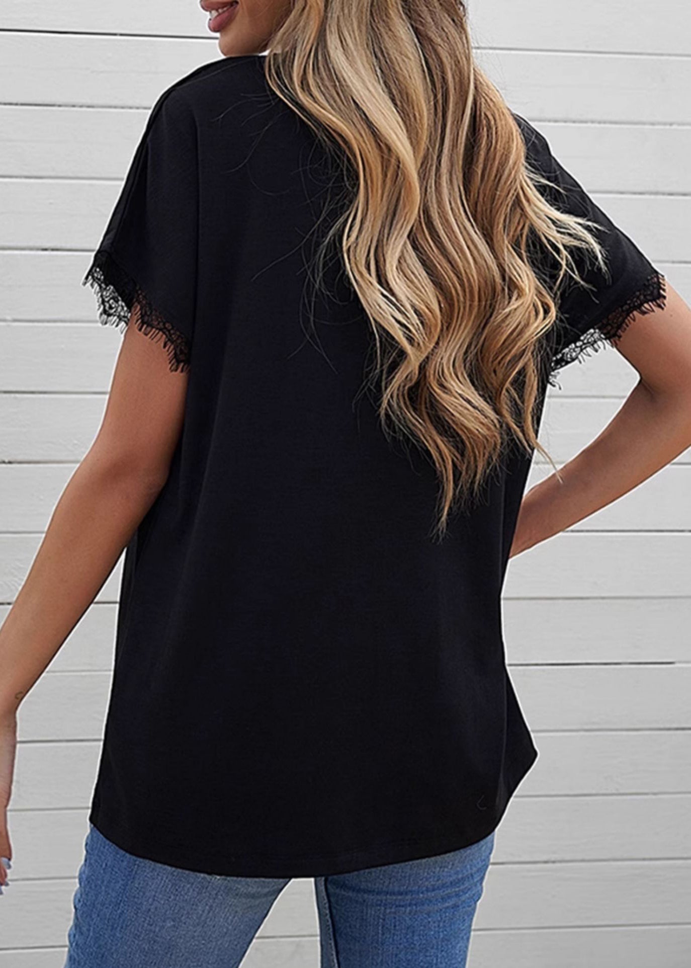 Lace Casual T Sleeve Black Solid Patchwork Short Shirt