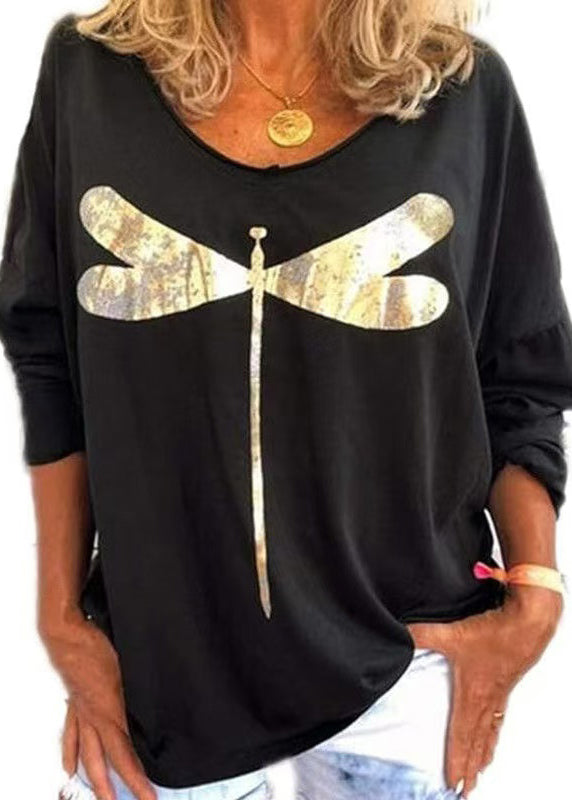 Print O Long Sleeve Black Casual Cotton Sweatshirts Neck