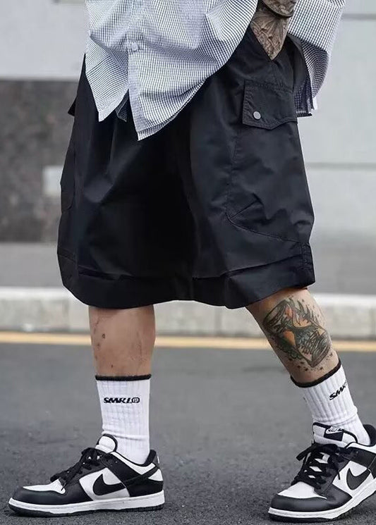 Solid Elastic Waist Pockets Shorts Cotton Summer Men Casual Black