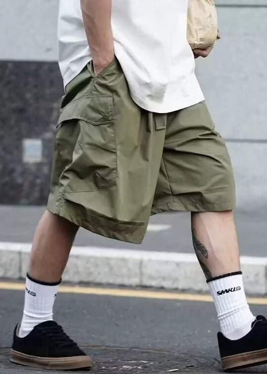 Solid Elastic Waist Pockets Shorts Cotton Summer Men Casual Black