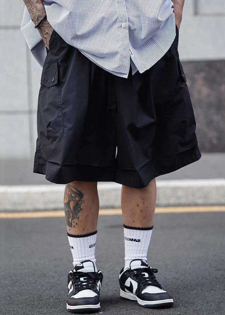 Solid Elastic Waist Pockets Shorts Cotton Summer Men Casual Black