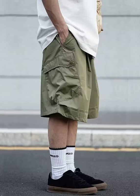 Solid Elastic Waist Pockets Shorts Cotton Summer Men Casual Black