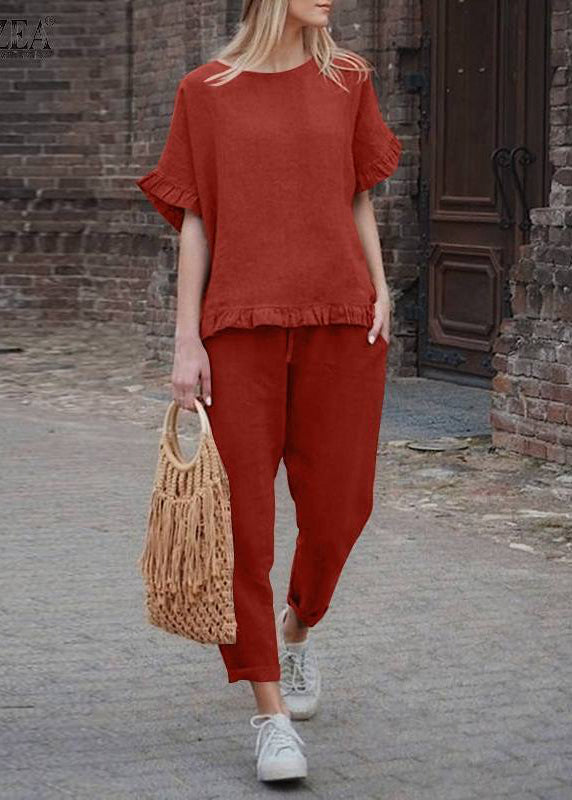 Ruffled Two Pants And Solid Black Top Patchwork Casual Crop