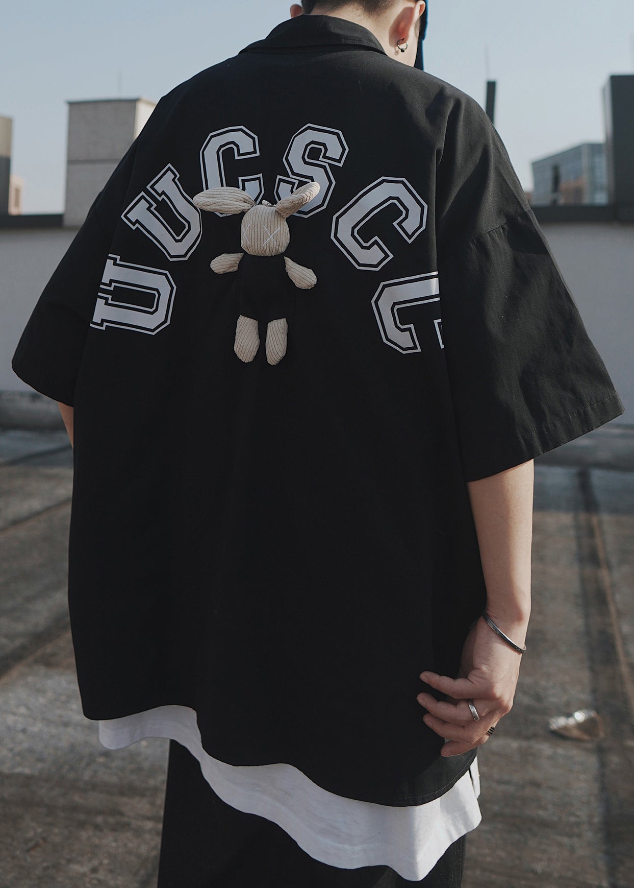 Casual Letter Shirts Oversized Cotton Men T Half Patchwork Sleeve Blue