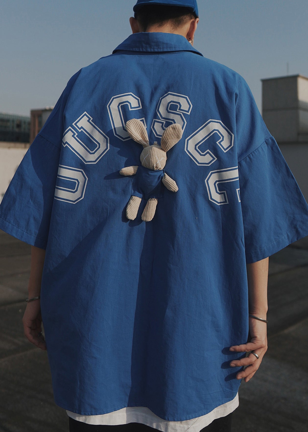 Casual Letter Shirts Oversized Cotton Men T Half Patchwork Sleeve Blue